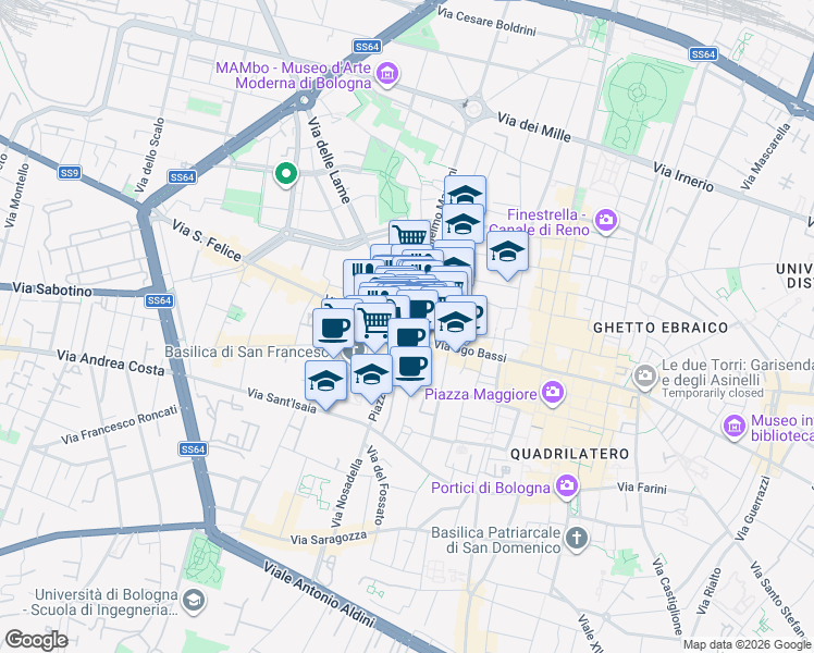 map of restaurants, bars, coffee shops, grocery stores, and more near 1 Via Alfredo Testoni in Bologna