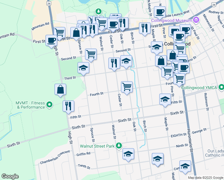 map of restaurants, bars, coffee shops, grocery stores, and more near 335 Fourth Street West in Collingwood
