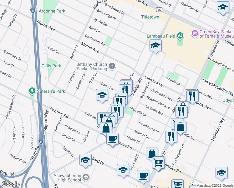 map of restaurants, bars, coffee shops, grocery stores, and more near 1065 Daisy Lane in Green Bay