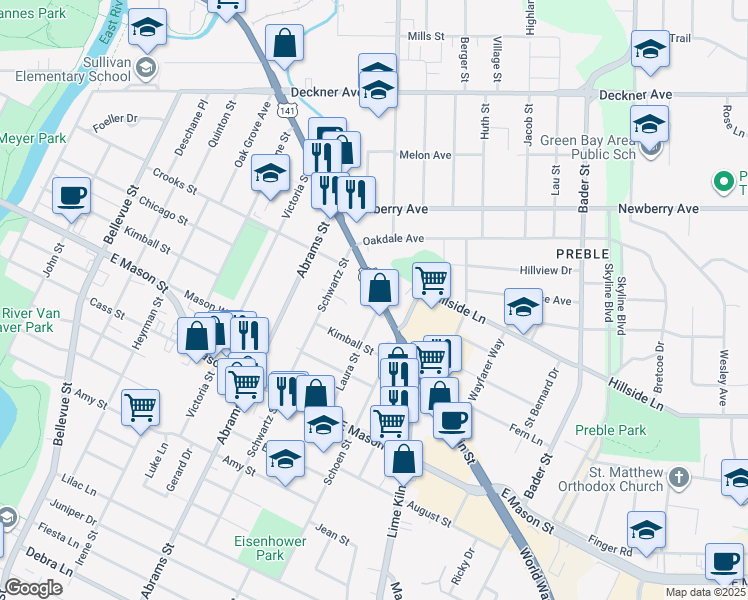 map of restaurants, bars, coffee shops, grocery stores, and more near 1764 Main Street in Green Bay