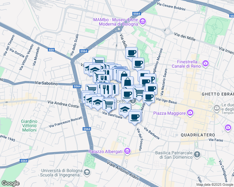 map of restaurants, bars, coffee shops, grocery stores, and more near 17 Via Paradiso in Bologna