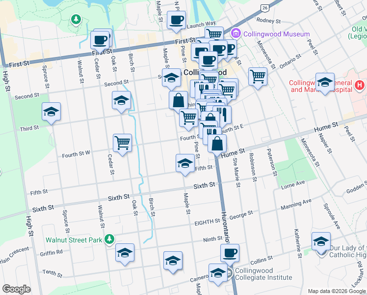 map of restaurants, bars, coffee shops, grocery stores, and more near 285 Maple Street in Collingwood