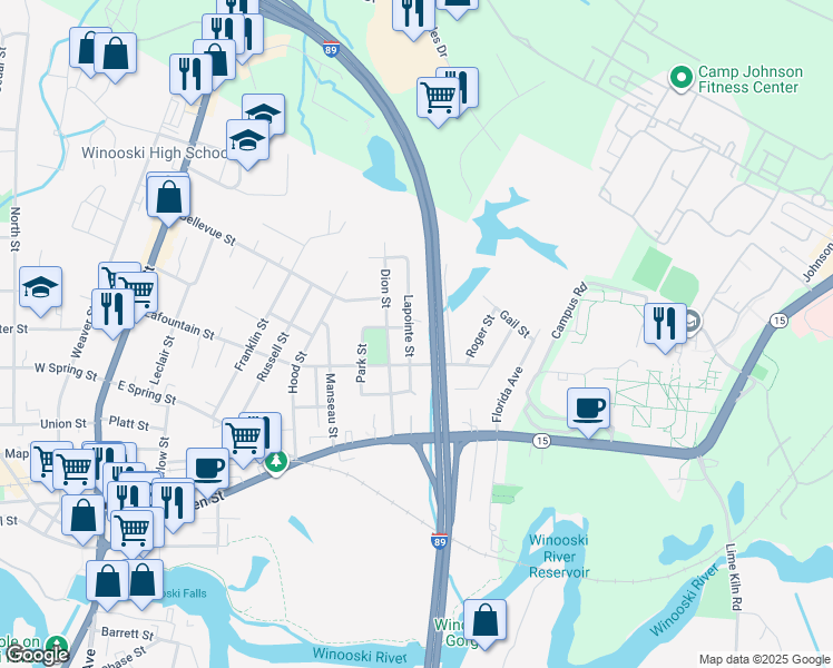 map of restaurants, bars, coffee shops, grocery stores, and more near 17 Lapointe Street in Winooski