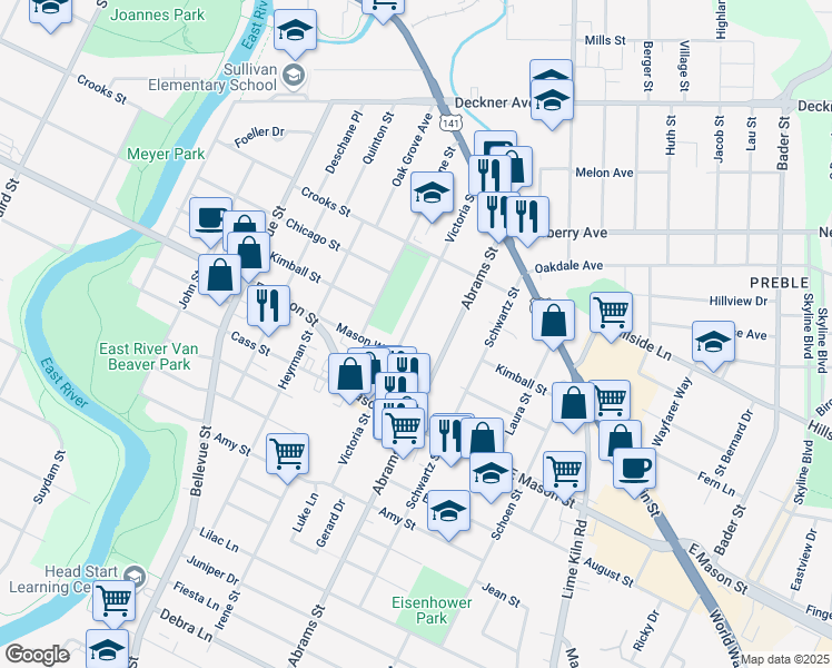 map of restaurants, bars, coffee shops, grocery stores, and more near 509 Victoria St in Green Bay