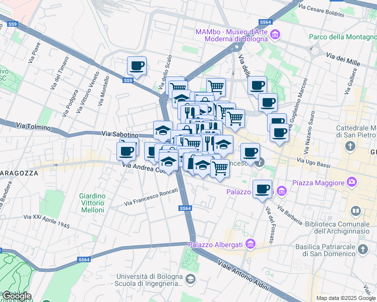 map of restaurants, bars, coffee shops, grocery stores, and more near 5 Via Santa Croce in Bologna