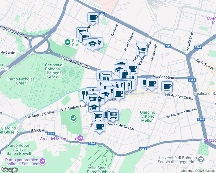 map of restaurants, bars, coffee shops, grocery stores, and more near 23 Via Valdossola in Bologna