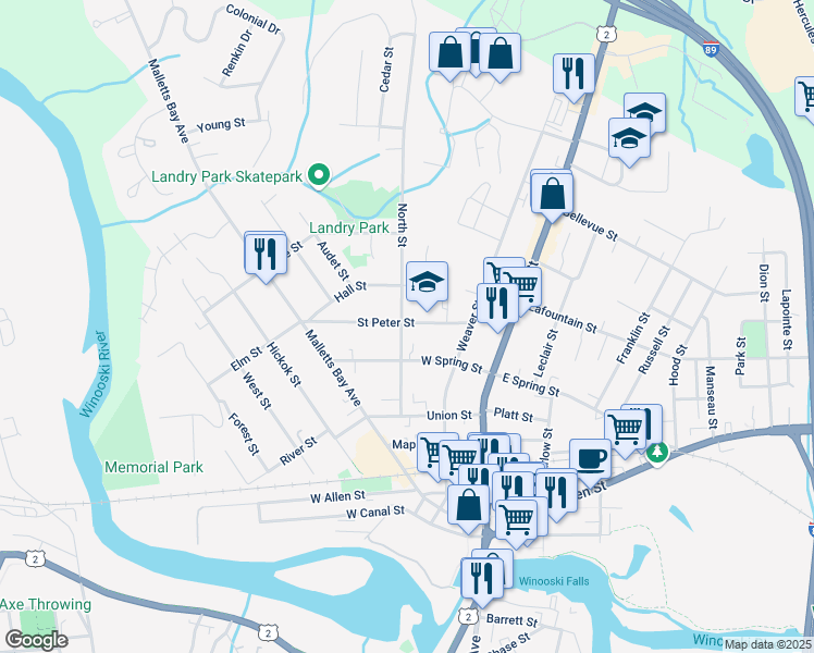 map of restaurants, bars, coffee shops, grocery stores, and more near 66 Saint Peter Street in Winooski