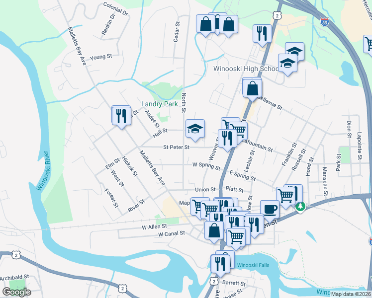map of restaurants, bars, coffee shops, grocery stores, and more near 66 Saint Peter Street in Winooski