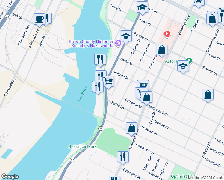 map of restaurants, bars, coffee shops, grocery stores, and more near 1260 1/2 South Quincy Street in Green Bay