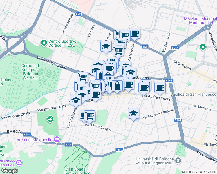 map of restaurants, bars, coffee shops, grocery stores, and more near 12 Via Pier Antonio Rappini in Bologna