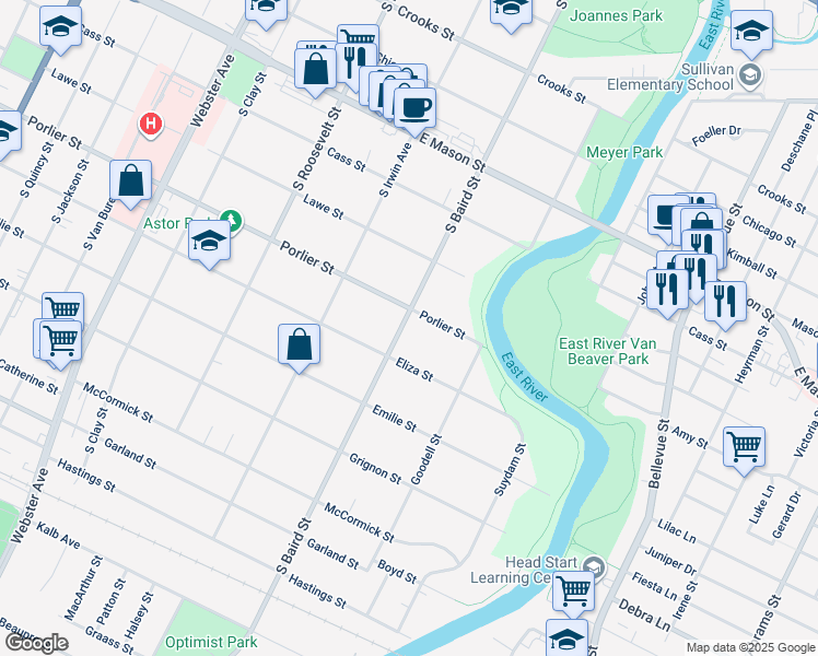 map of restaurants, bars, coffee shops, grocery stores, and more near 913 South Baird Street in Green Bay
