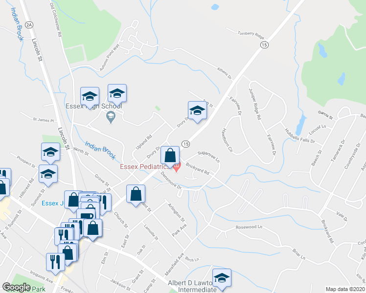 map of restaurants, bars, coffee shops, grocery stores, and more near 119 Main Street in Essex