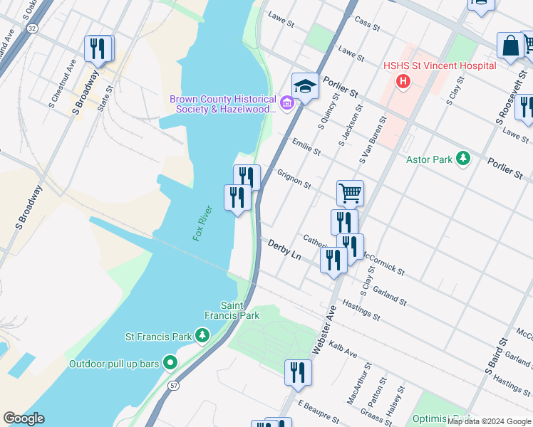 map of restaurants, bars, coffee shops, grocery stores, and more near 1260 1/2 South Quincy Street in Green Bay
