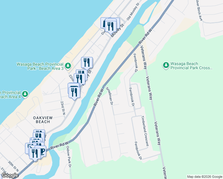 map of restaurants, bars, coffee shops, grocery stores, and more near 7 Smallman Drive in Wasaga Beach