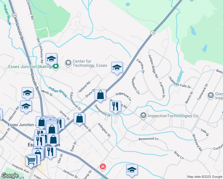 map of restaurants, bars, coffee shops, grocery stores, and more near 121 Main Street in Essex