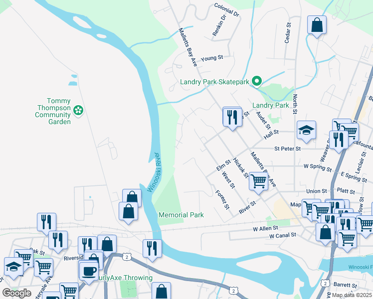 map of restaurants, bars, coffee shops, grocery stores, and more near 87 Elm Street in Winooski