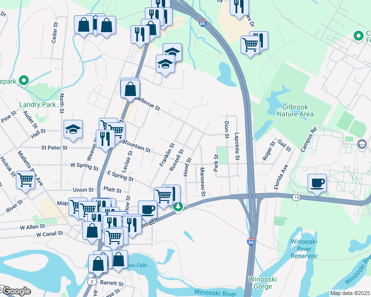 map of restaurants, bars, coffee shops, grocery stores, and more near 101 Russell Street in Winooski