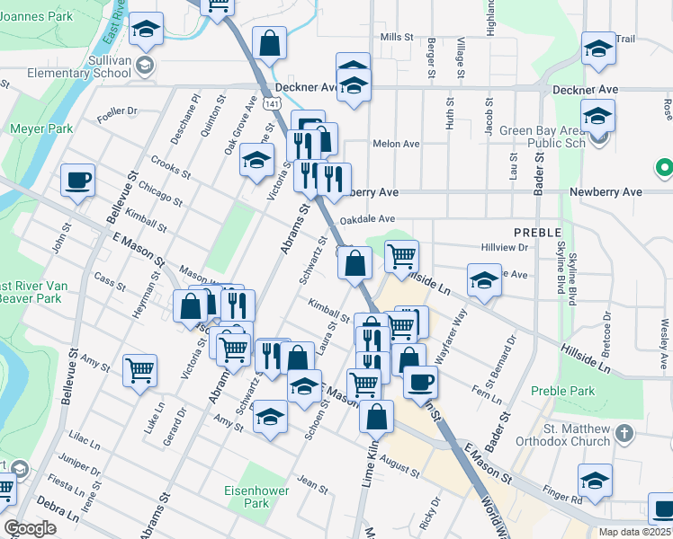 map of restaurants, bars, coffee shops, grocery stores, and more near 1764 Main Street in Green Bay