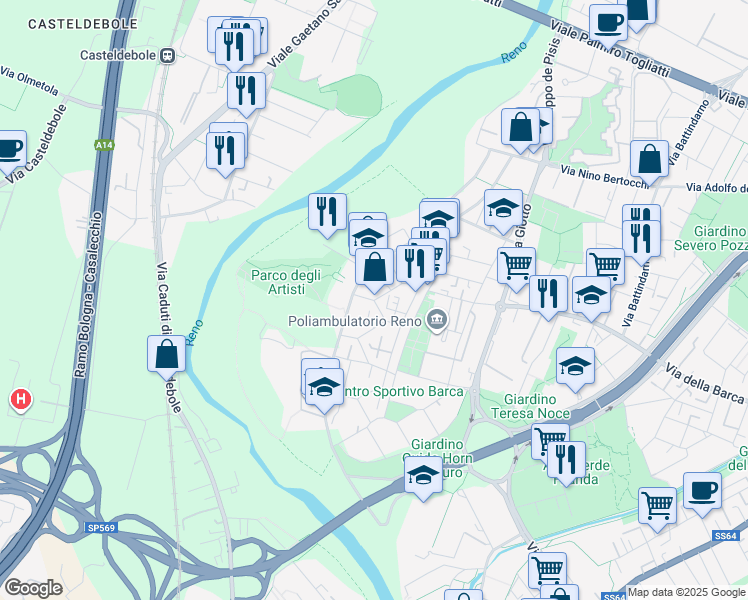 map of restaurants, bars, coffee shops, grocery stores, and more near Via Wolfango Amedeo Mozart in Bologna