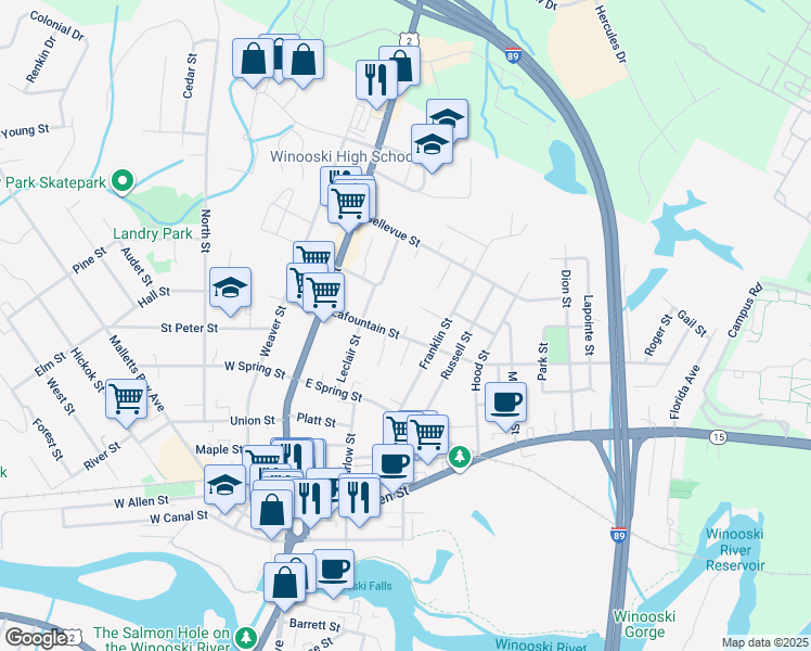 map of restaurants, bars, coffee shops, grocery stores, and more near 78 Lafountain Street in Winooski