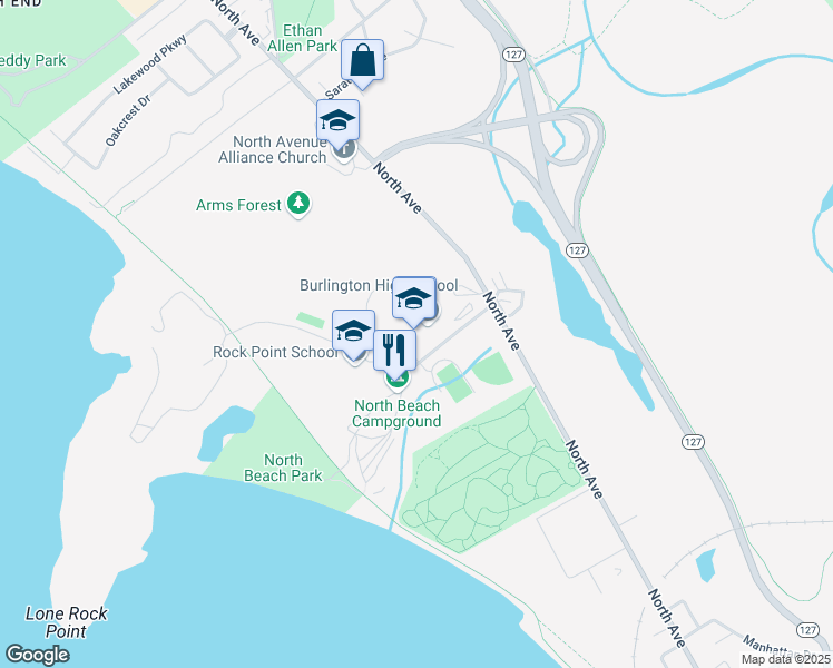 map of restaurants, bars, coffee shops, grocery stores, and more near 52 Institute Road in Burlington