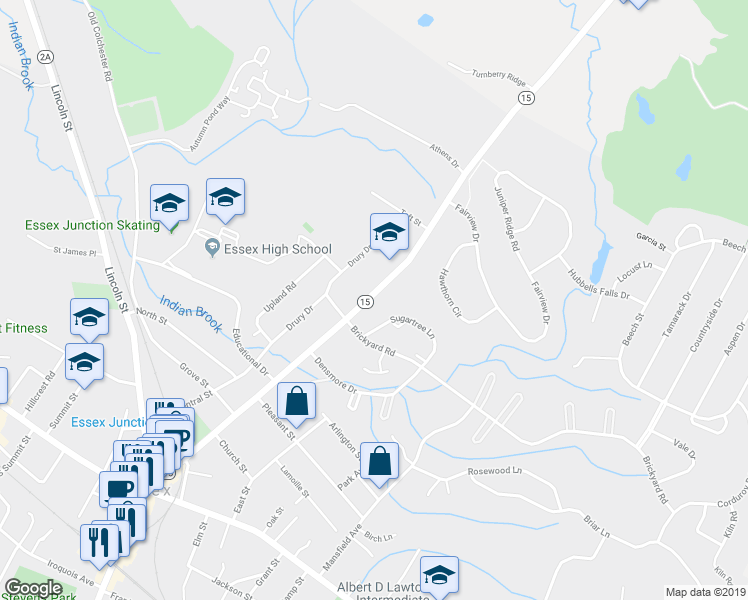 map of restaurants, bars, coffee shops, grocery stores, and more near 121 Main Street in Essex
