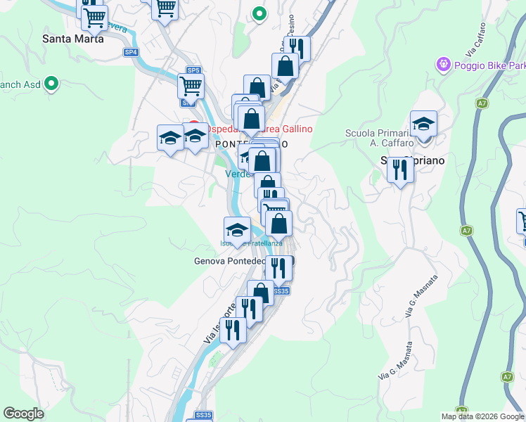 map of restaurants, bars, coffee shops, grocery stores, and more near 28 R Via Guido Poli in Genova