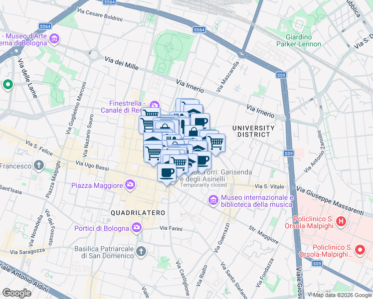 map of restaurants, bars, coffee shops, grocery stores, and more near 4 Via Valdonica in Bologna
