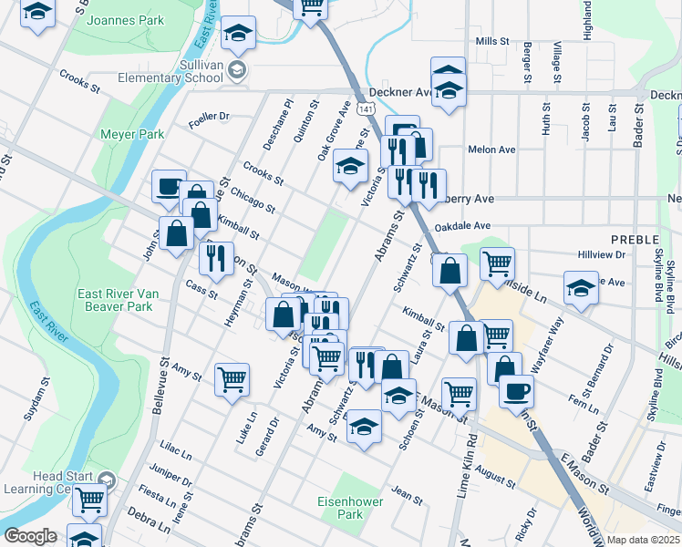 map of restaurants, bars, coffee shops, grocery stores, and more near 509 Victoria Street in Green Bay