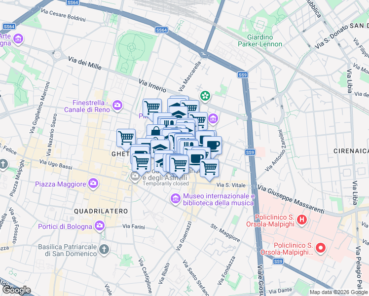 map of restaurants, bars, coffee shops, grocery stores, and more near 4 Via Giuseppe Petroni in Bologna