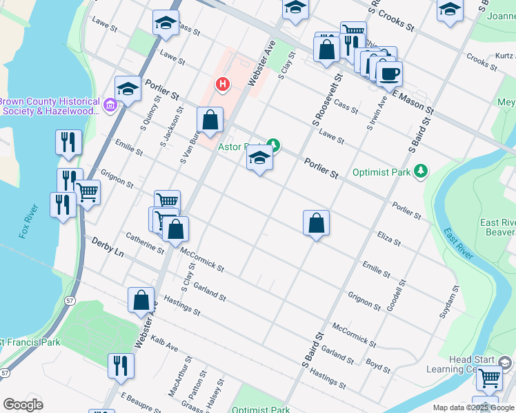 map of restaurants, bars, coffee shops, grocery stores, and more near 1161 Emilie Street in Green Bay