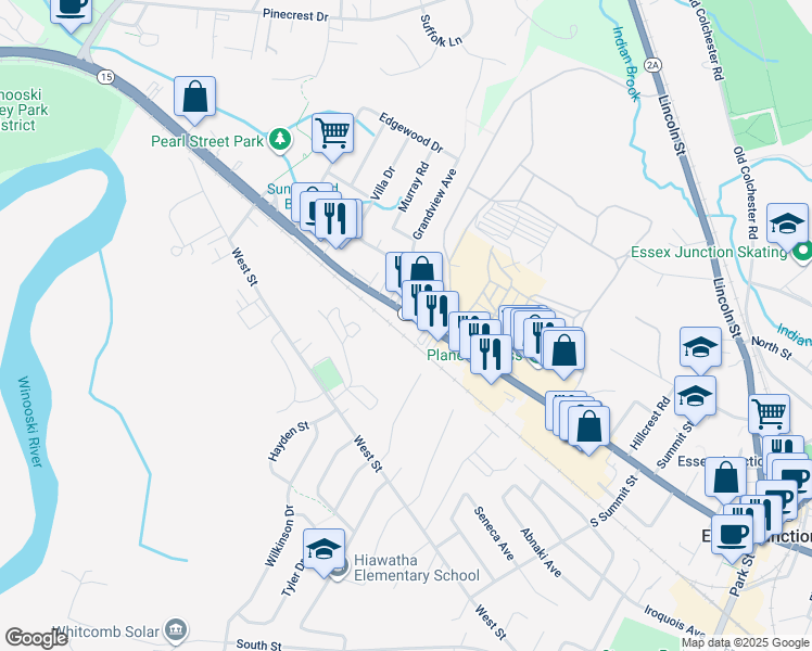 map of restaurants, bars, coffee shops, grocery stores, and more near 126 Vermont 15 in Essex