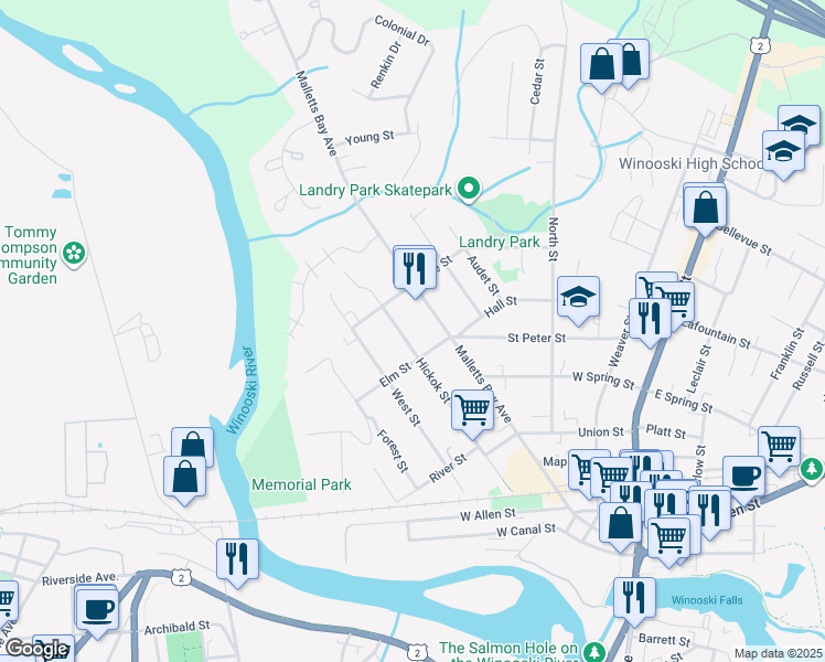 map of restaurants, bars, coffee shops, grocery stores, and more near 178 Hickok Street in Winooski