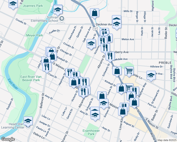 map of restaurants, bars, coffee shops, grocery stores, and more near 509 Victoria Street in Green Bay
