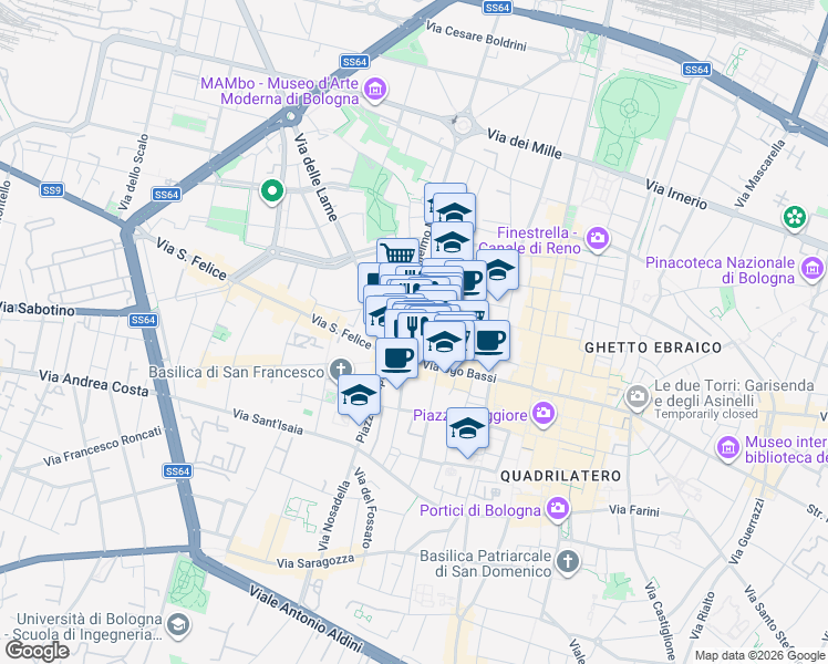 map of restaurants, bars, coffee shops, grocery stores, and more near 21 Via Ugo Bassi in Bologna