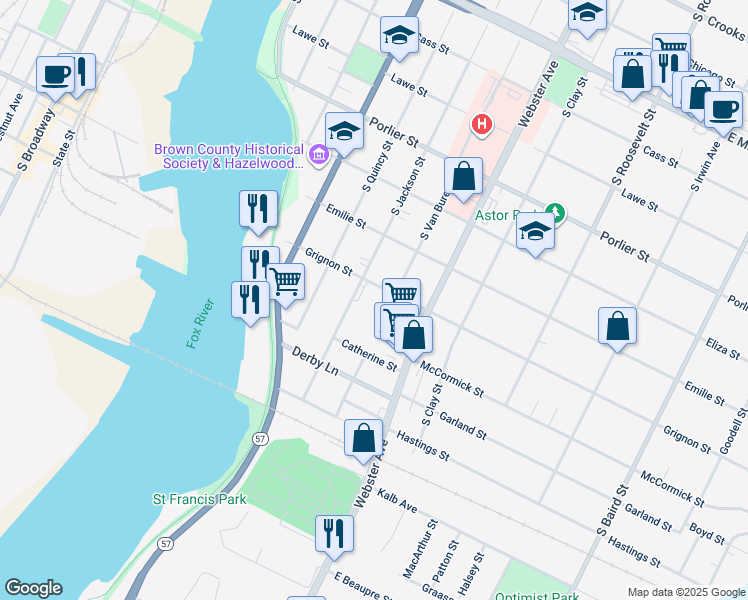 map of restaurants, bars, coffee shops, grocery stores, and more near 1207 South Jackson Street in Green Bay