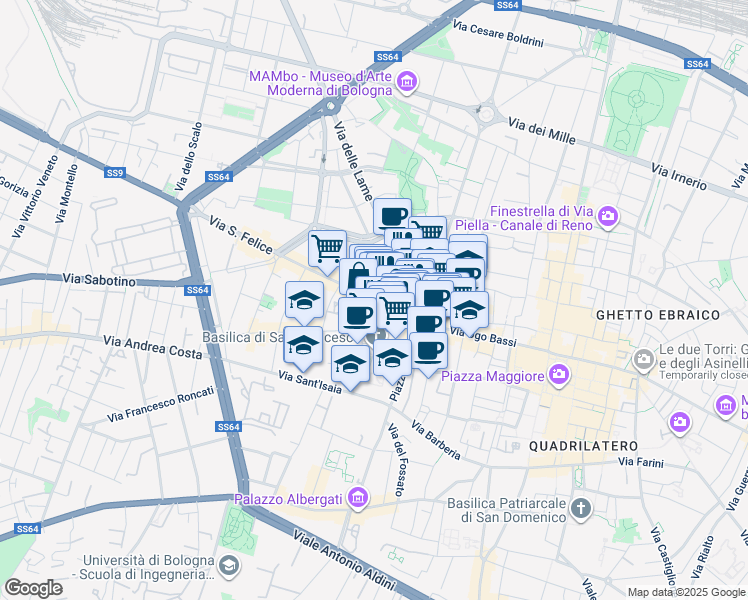 map of restaurants, bars, coffee shops, grocery stores, and more near 14 Via San Felice in Bologna