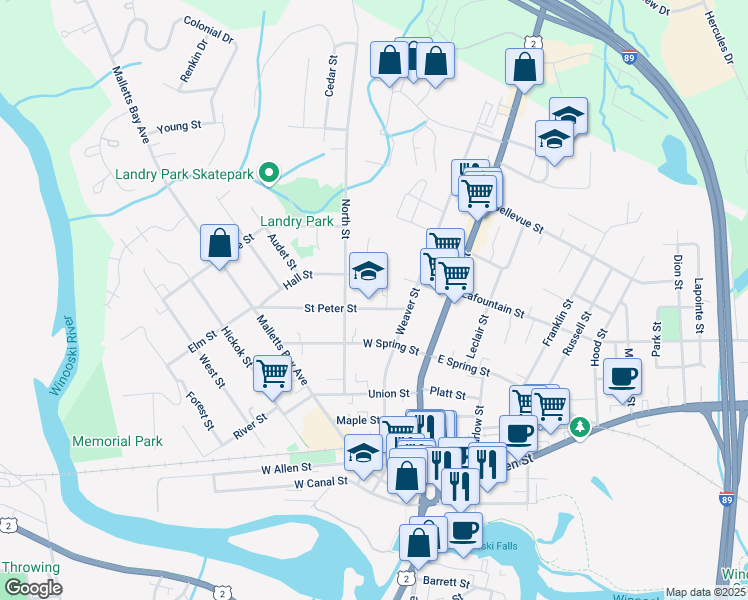 map of restaurants, bars, coffee shops, grocery stores, and more near 5 Saint Peter Street in Winooski