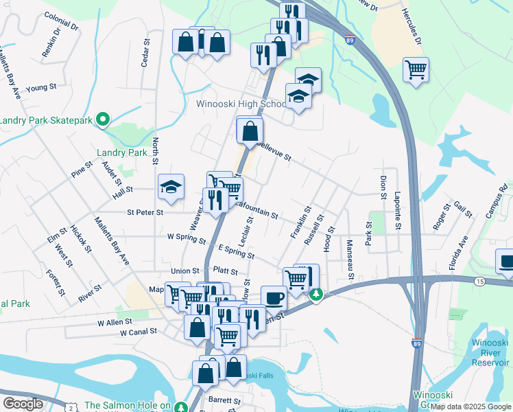 map of restaurants, bars, coffee shops, grocery stores, and more near 61 Leclair Street in Winooski