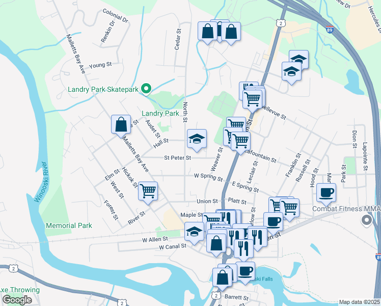 map of restaurants, bars, coffee shops, grocery stores, and more near 66 Saint Peter Street in Winooski