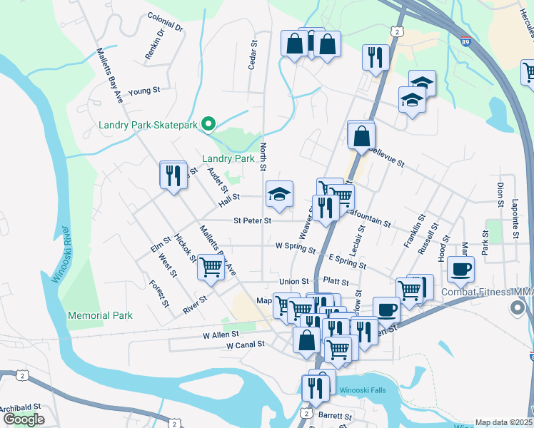 map of restaurants, bars, coffee shops, grocery stores, and more near 66 Saint Peter Street in Winooski