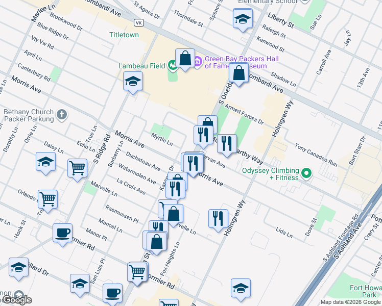 map of restaurants, bars, coffee shops, grocery stores, and more near 2075b South Oneida Street in Green Bay