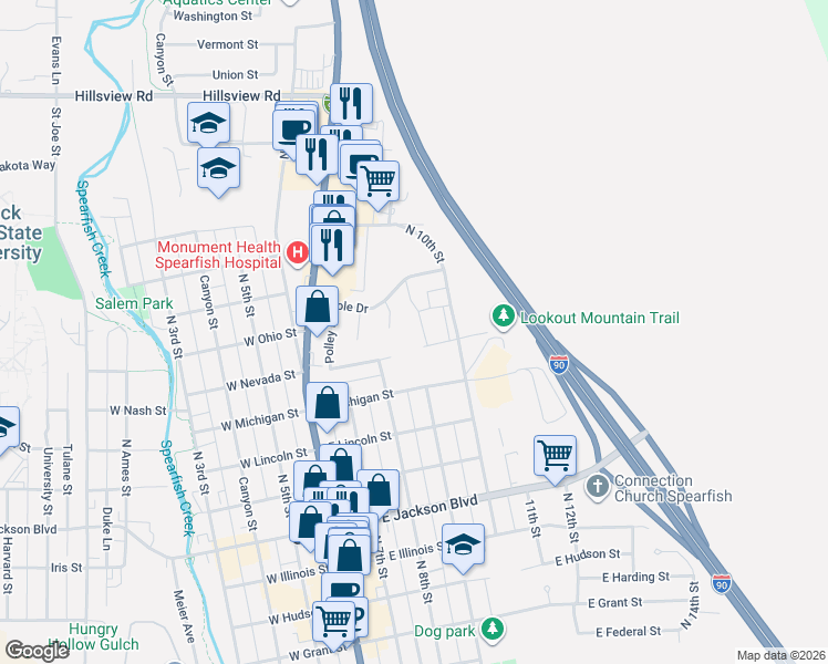 map of restaurants, bars, coffee shops, grocery stores, and more near 1231 North 10th Street in Spearfish