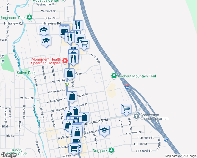 map of restaurants, bars, coffee shops, grocery stores, and more near 1215 North 10th Street in Spearfish