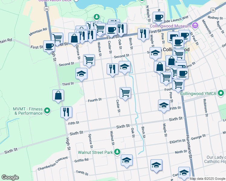 map of restaurants, bars, coffee shops, grocery stores, and more near 335 Fourth Street West in Collingwood