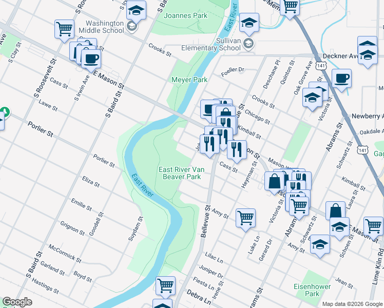 map of restaurants, bars, coffee shops, grocery stores, and more near 1577 Louise Street in Green Bay