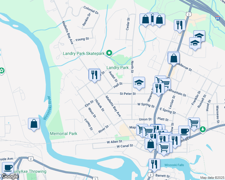map of restaurants, bars, coffee shops, grocery stores, and more near 78 Hall Street in Winooski