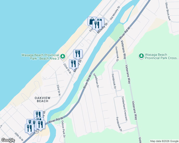 map of restaurants, bars, coffee shops, grocery stores, and more near 1926 River Road West in Wasaga Beach