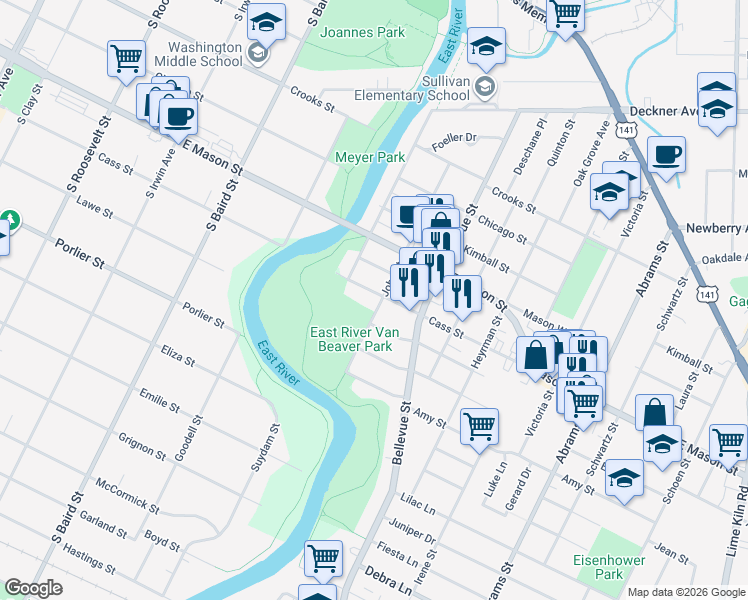 map of restaurants, bars, coffee shops, grocery stores, and more near 1577 Louise Street in Green Bay