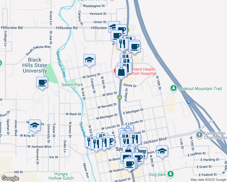 map of restaurants, bars, coffee shops, grocery stores, and more near 1305 North Main Street in Spearfish